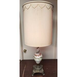 Vintage 41" Claw Foot Lamp White Prismatic Glass Gold Leaves Shade Included